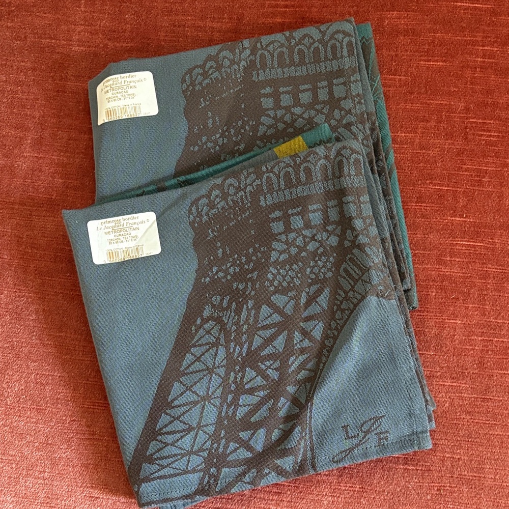 NWT Primrose Bordier Jacquard Français Blue Brown Eiffel Tower Paris Tea Towel